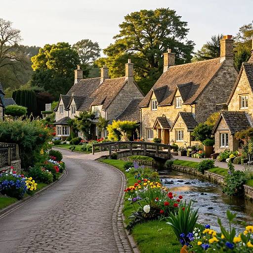 Photograph of a picturesque English village with cobblestone path, stone cottages, flower-filled gardens, small bridge over a flowing stream, and lush