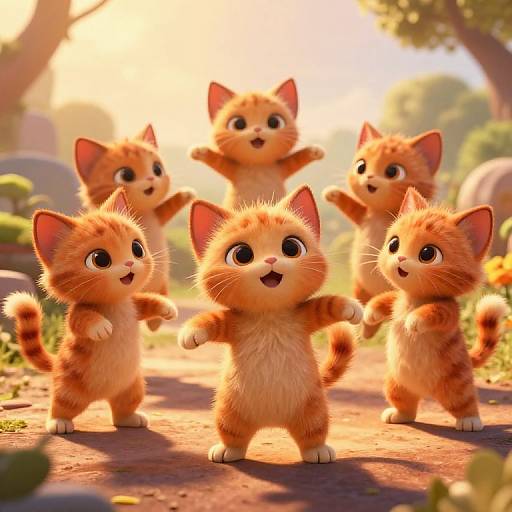 Digital illustration of five adorable, orange tabby kittens with big eyes, standing on a sunlit forest path, raising their paws joyfully.