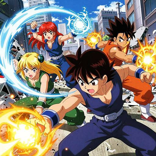Anime-style digital artwork of four fighters with colorful hair, in blue and orange outfits, wielding fire and energy, in a cityscape battle. Dynamic poses