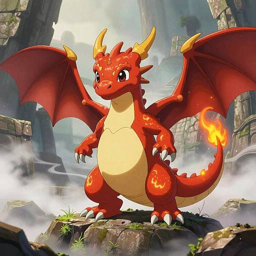 Fiery Baby Dragon on Ancient Ruins