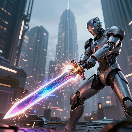 CGI image of a futuristic, armored robot warrior wielding a glowing blue and purple sword, sparks flying, in a neon-lit urban cityscape with