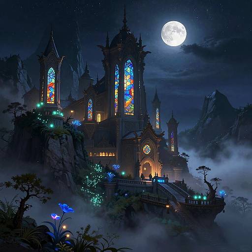 Fantasy Mountain City Under Starry Sky