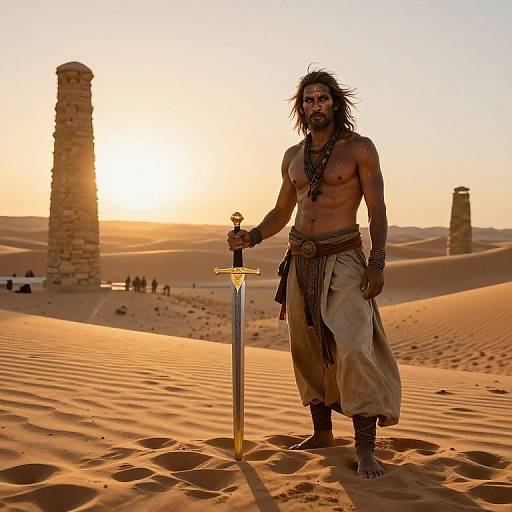 Muscular, shirtless warrior with long black hair and beard, wearing tribal loincloth, stands in golden desert, holding sword, sunset behind.