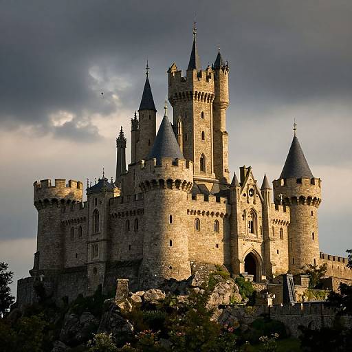 Photograph of a grand, medieval stone castle with multiple towers, turrets, and crenellated walls, bathed in dramatic sunlight against a