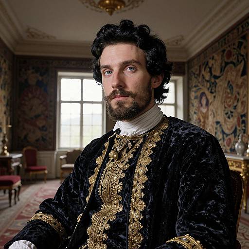 Photorealistic digital portrait of a bearded man with dark hair, wearing a black velvet robe with gold embroidery, in an ornately decorated room with