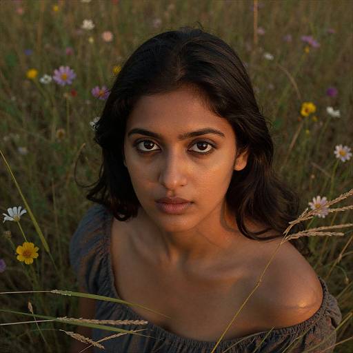 Photograph of a young South Asian woman with dark hair and brown eyes, wearing an off-shoulder gray top, standing in a sunlit me