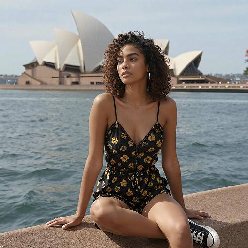 Photograph of a curly-haired woman in a black floral romper, sitting by a waterfront, with Sydney Opera House in the background.