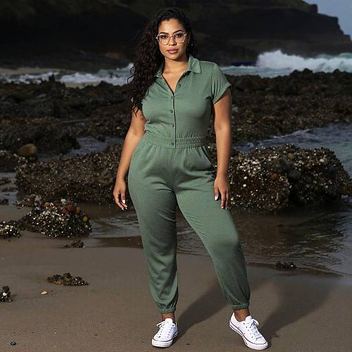 Curvy Woman in Chic Moss Green Jumpsuit