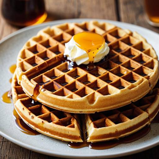 Golden Waffles with Maple Syrup and Whipped Cream