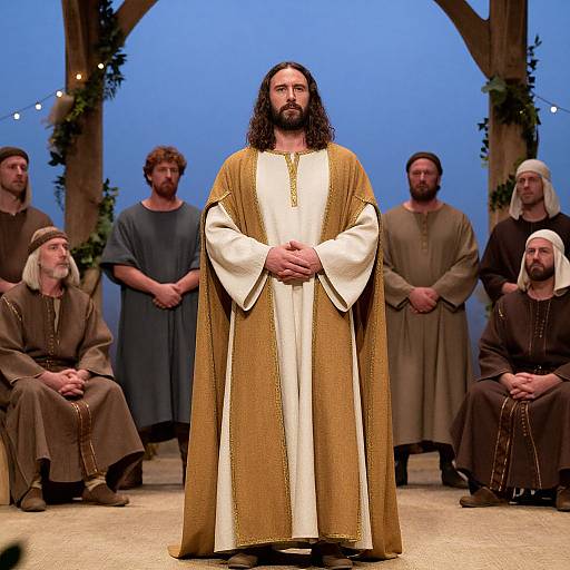 Photograph of a bearded man with long brown hair, wearing a gold and white robe, standing center stage with eight other people in medieval-style brown