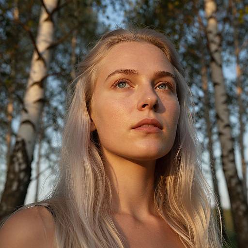 Photograph of a blonde woman with fair skin and blue eyes, standing in a sunlit birch forest, looking upward with a serene expression.