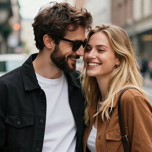 Photograph of a smiling couple with the man having dark hair and beard, wearing sunglasses, black jacket, and white tee, and the woman with blonde