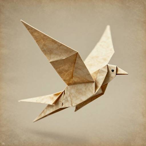 Photograph of an intricately folded, beige paper origami bird in mid-flight, with sharp edges and a pointed beak, against a softly blurred