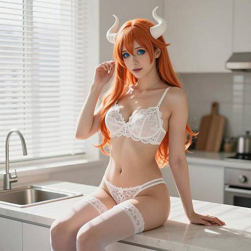 Woman with Orange Hair on Kitchen Counter