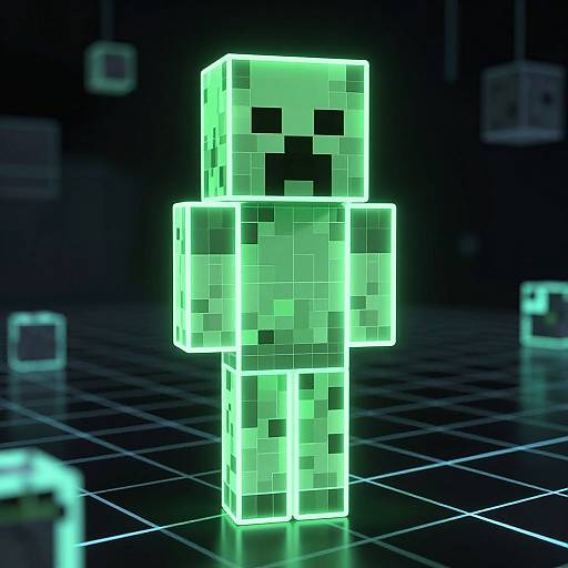 Glowing green pixelated Creeper from Minecraft stands centered in a dark, grid-like environment with faintly visible other pixelated figures in the background