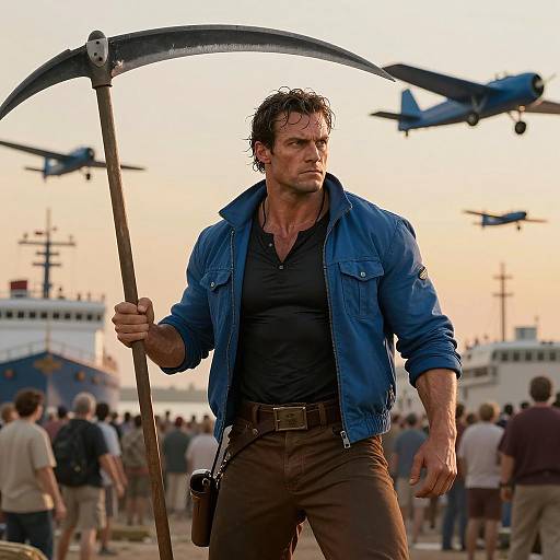 Dramatic Scythe-Wielding Man in Action