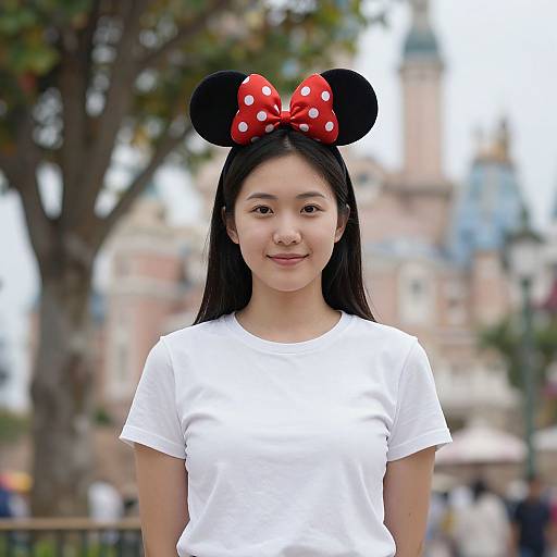 Asian girl with long black hair, wearing a white t-shirt and Minnie Mouse ears with a red polka-dotted bow, standing outdoors in front