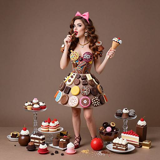 Photograph of a woman with long curly brown hair, pink bow, colorful dress, eating an ice cream cone, surrounded by various decorated cupcakes and desserts