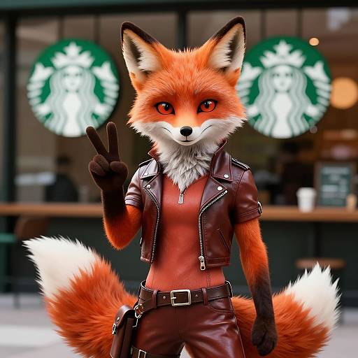 Photograph-style CGI of an anthropomorphic fox with red-orange fur, black gloves, leather jacket, and red shirt, flashing a peace sign outside a