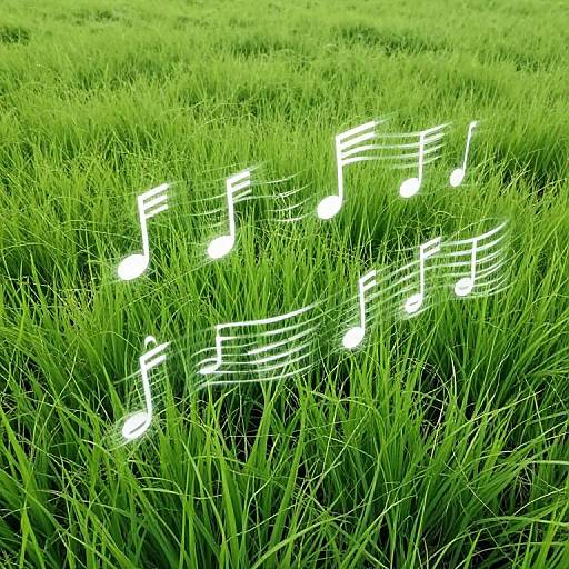 Digital image of glowing white musical notes floating on vibrant green grass, creating a lively and fresh visual effect.