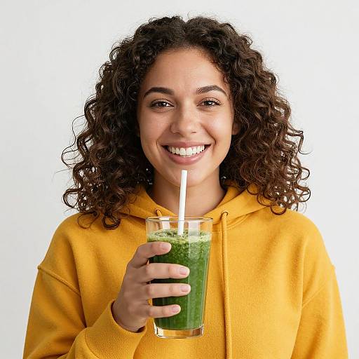 Photograph of a smiling woman with curly brown hair, wearing a yellow hoodie, holding a glass of green smoothie with a straw.