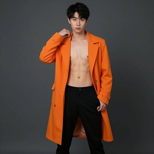 Photograph of a young Asian man with short black hair, wearing an open bright orange coat over a bare chest and black pants, standing against a dark