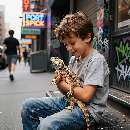 Boy Holding Lizard on Urban Street