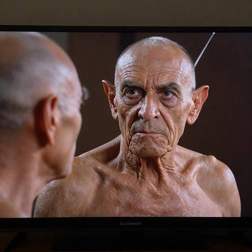 Elderly Man Reflected in Dark Screen