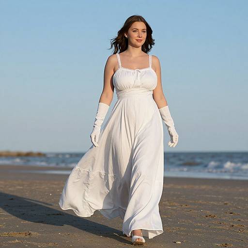 Photograph of a young woman with fair skin and dark brown hair, wearing a white, sleeveless, flowing dress and white gloves, walking on a