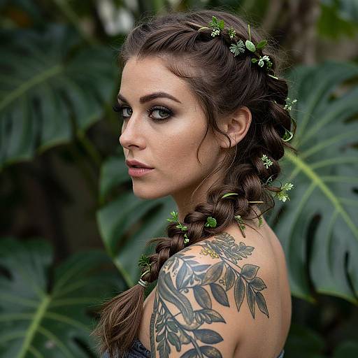 Photograph of a tattooed woman with braided brown hair adorned with green leaves, standing against lush monstera leaves background.