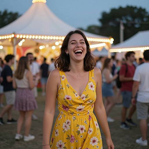 Photograph of a smiling woman in a yellow floral dress at a lively evening fair, with blurred string lights and people in the background.