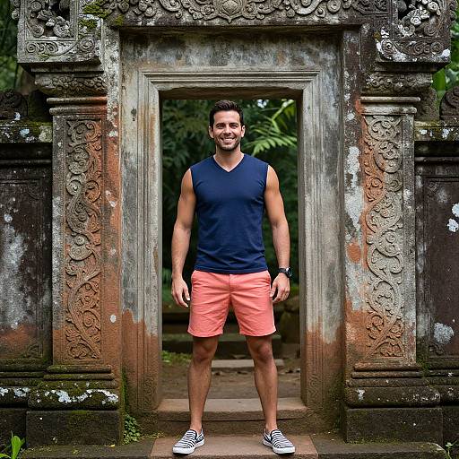 Photograph of a smiling, muscular man with short dark hair, wearing a navy sleeveless shirt, coral shorts, and white-striped sneakers, standing in