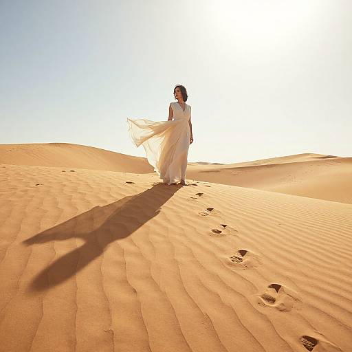 Photograph of a woman in a flowing white dress standing in a sunlit desert, casting a long shadow on golden sand dunes.