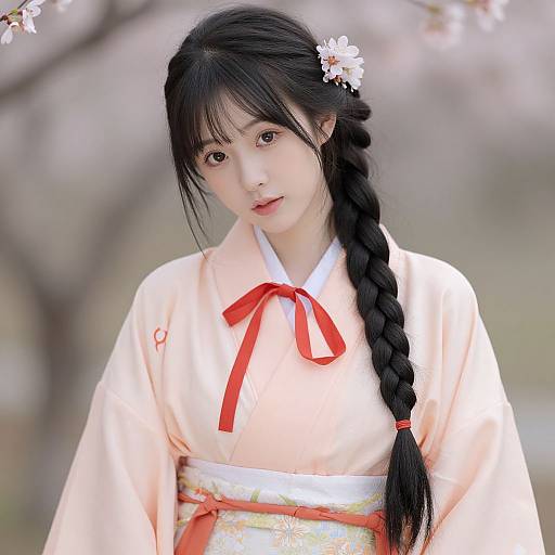 Elegant Woman in Peach Kimono