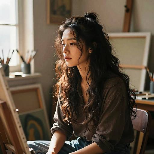 Photograph of a young woman with long, wavy black hair, wearing a brown shirt, sitting in a sunlit, cluttered art studio.