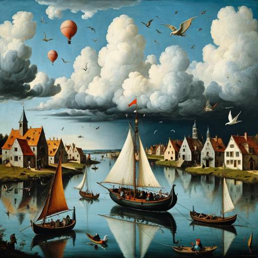 Surreal Harbor Scene with Sailboats and Hot Air Balloons