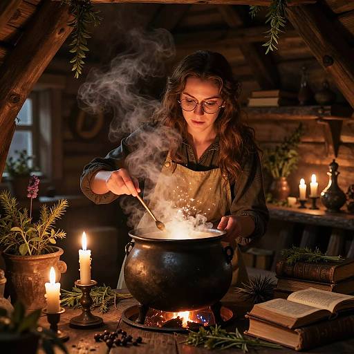 Cozy Witch Brewing Potion Scene