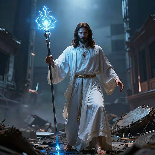 Photograph of a bearded, long-haired man in a white robe holding a glowing blue staff, standing in a ruined, dark, futuristic city.