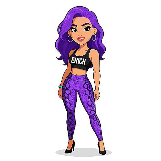 Digital cartoon of a confident woman with purple hair, wearing a black 