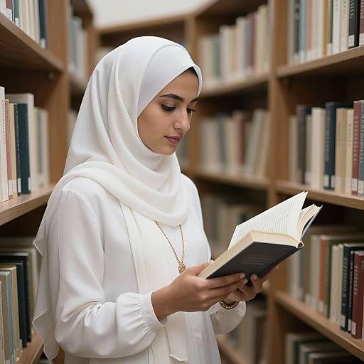 Photograph of a young woman with light brown skin and dark eyes, wearing a white hijab and long-sleeve shirt, reading a book in