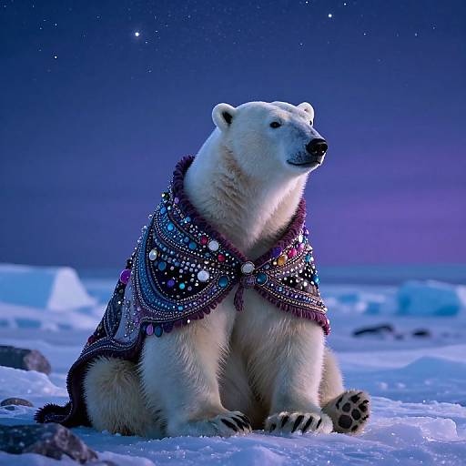 Photograph of a regal polar bear in a colorful, beaded cloak, sitting on snowy Arctic landscape under a starry, twilight sky.