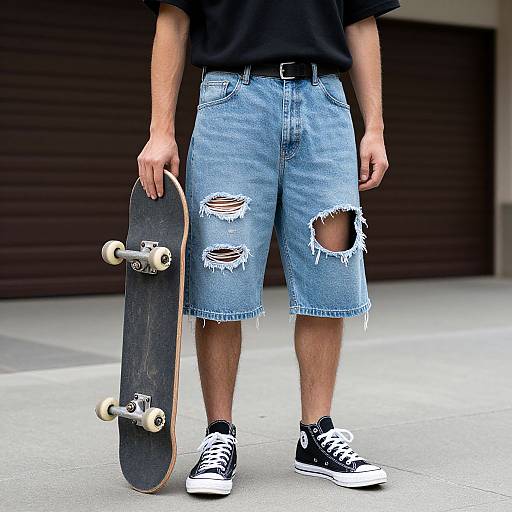 Photograph of a person wearing a black shirt, ripped blue denim shorts, and black sneakers, holding a black skateboard with white wheels. Background features a