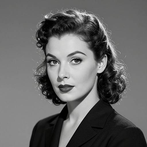 Black-and-white photograph of a 1940s-style woman with wavy dark hair, dark lipstick, and a black blazer, gazing forward