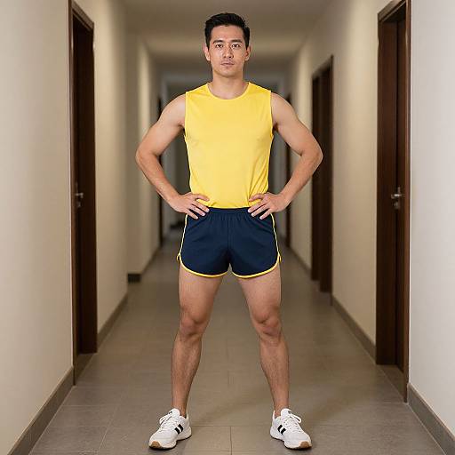 Photograph of a muscular Asian man in a yellow tank top, black shorts, and white sneakers, standing confidently in a hallway.