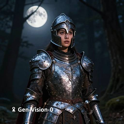 Photograph of a woman in shiny silver medieval armor, moonlit forest background, full moon, serious expression, text 
