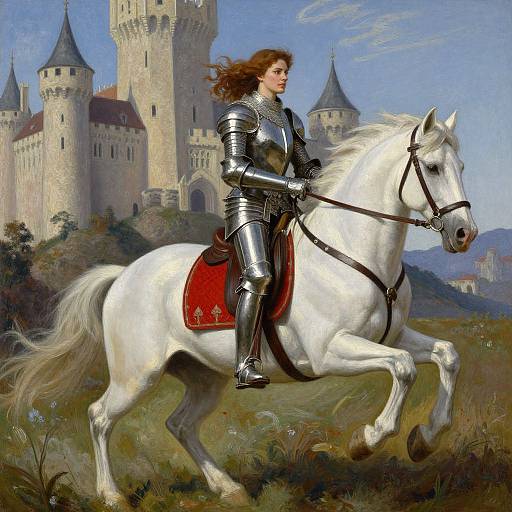Painting of a fair-skinned, red-haired woman in silver armor riding a white horse before a medieval castle with tall towers.