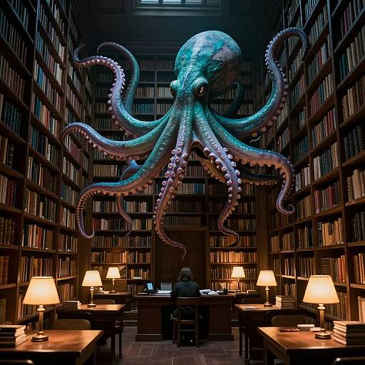 Photograph of a dimly lit library with towering, realistic, blue-green octopus sculpture hanging between bookshelves; a person sits at a desk