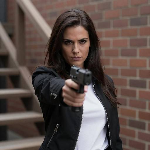 Woman with Handgun on Brick Staircase