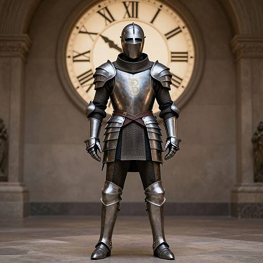 Photorealistic CGI of a fully armored knight in silver medieval armor, standing in front of a large clock with Roman numerals.