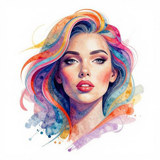 Digital watercolor portrait of a fair-skinned woman with vibrant, multicolored hair, striking green eyes, and bold red lips, set against a